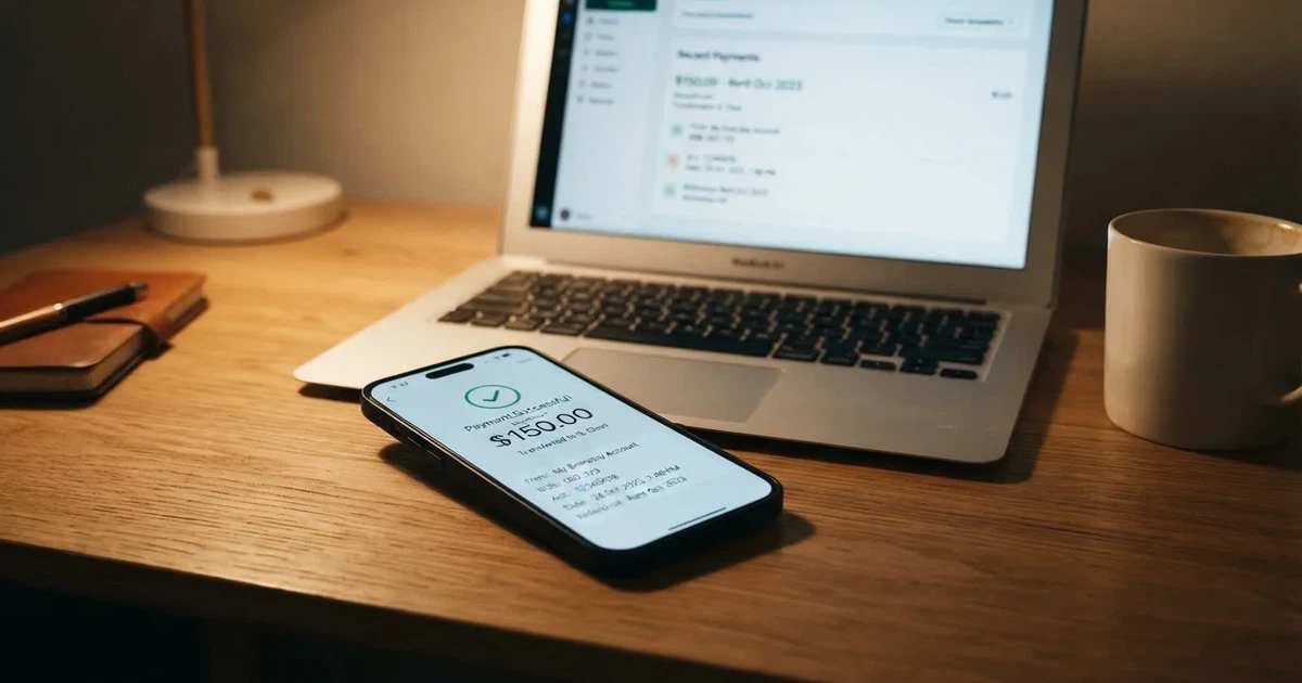 Close-up of a smartphone banking app open beside a laptop on a home desk, mid-transfer.