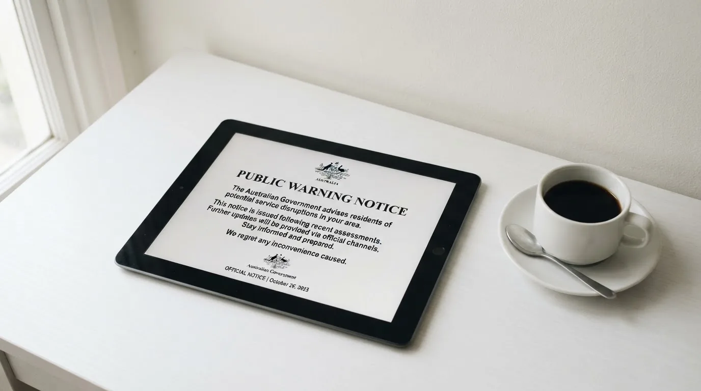 A tablet on a desk displays a plain government-style warning notice page, with a coffee cup beside it.