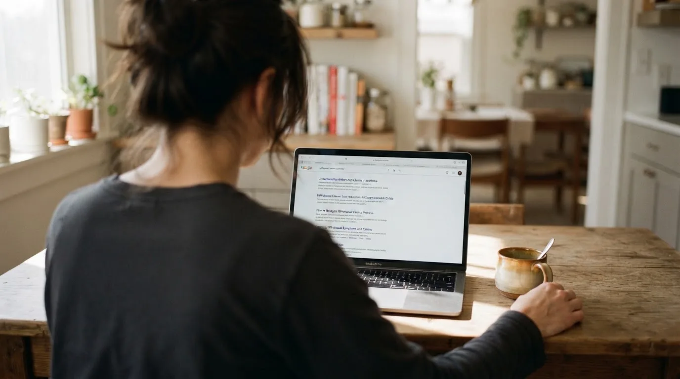 A person sits at a kitchen table, scrolling a laptop showing a general search results page about withdrawal claims.