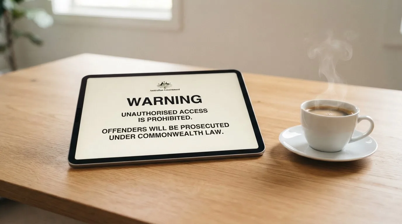 A tablet on a desk displays a plain government-style warning notice page, with a coffee cup beside it.