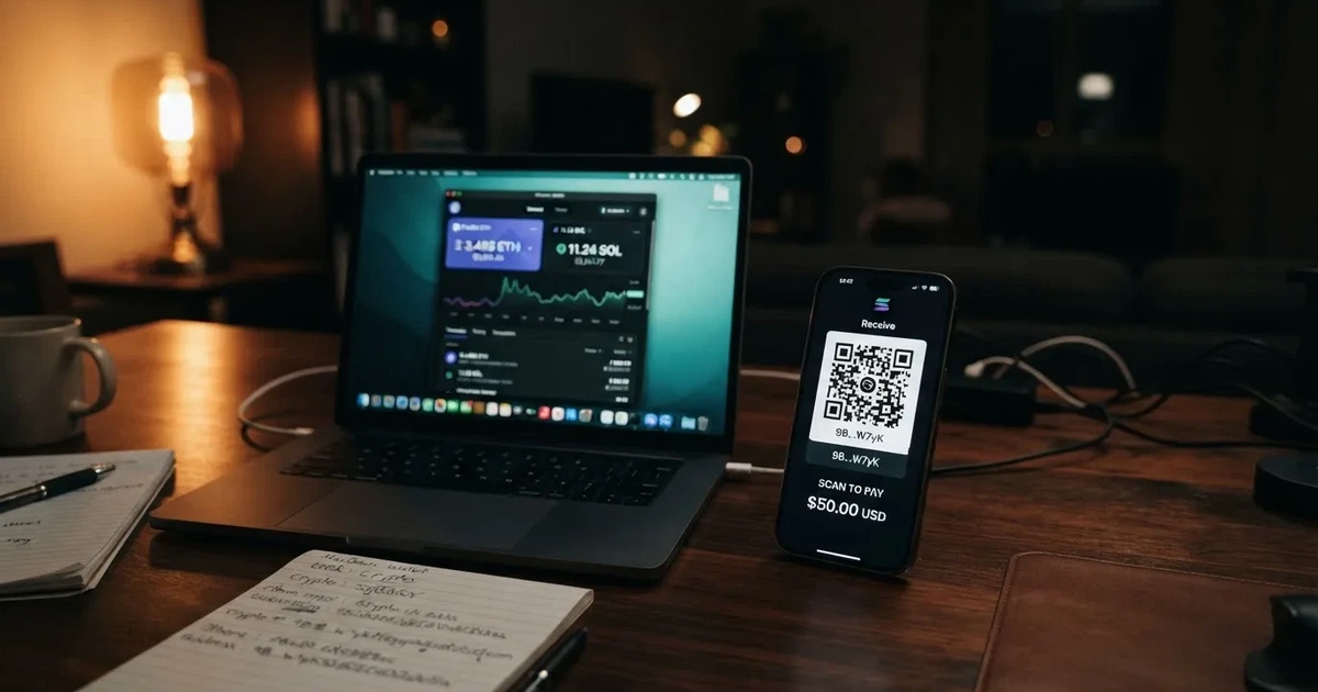 A laptop screen shows a cryptocurrency wallet balance next to a phone displaying a QR code, on a desk at night.