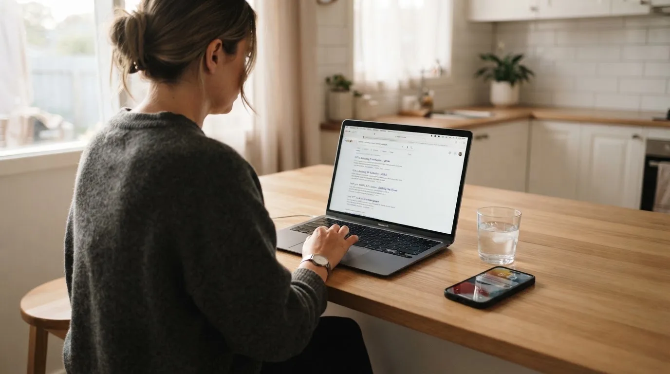 A person sits at a kitchen table, scrolling a laptop showing a general search results page about identity checks at casinos.