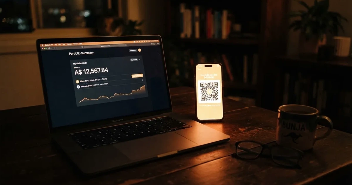 A laptop screen shows a cryptocurrency wallet balance next to a phone displaying a QR code, on a desk at night.