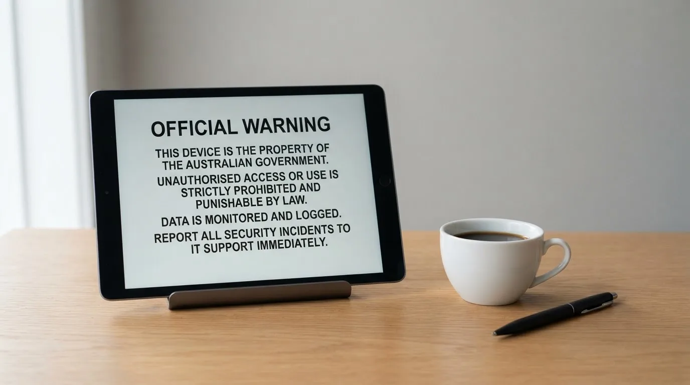 A tablet on a desk displays a plain government-style warning notice page, with a coffee cup beside it.