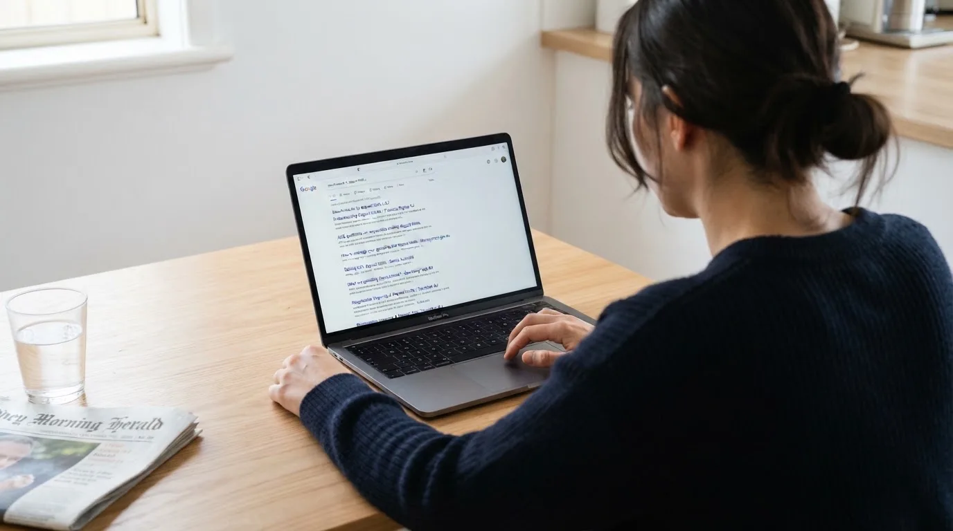A person sits at a kitchen table, scrolling a laptop showing a general search results page about deposit limits.