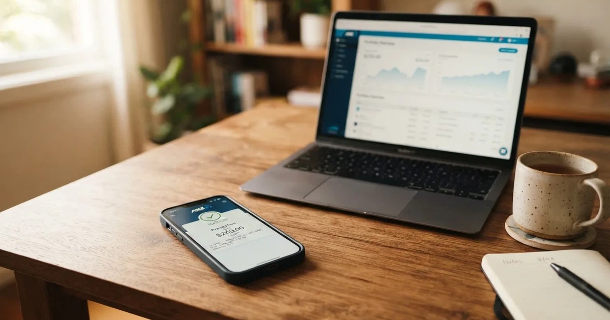 Close-up of a smartphone banking app open beside a laptop on a home desk, mid-transfer.