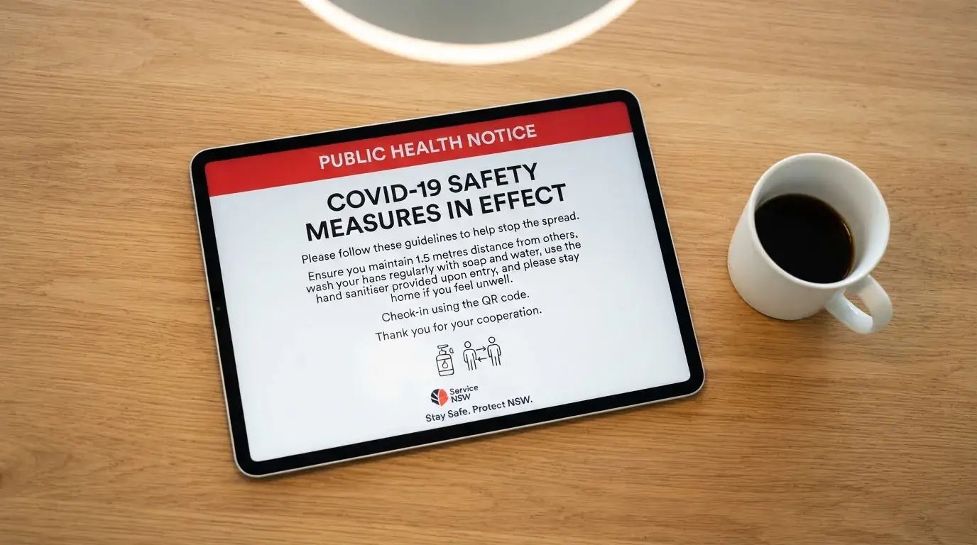 A tablet on a desk displays a plain government-style warning notice page, with a coffee cup beside it.