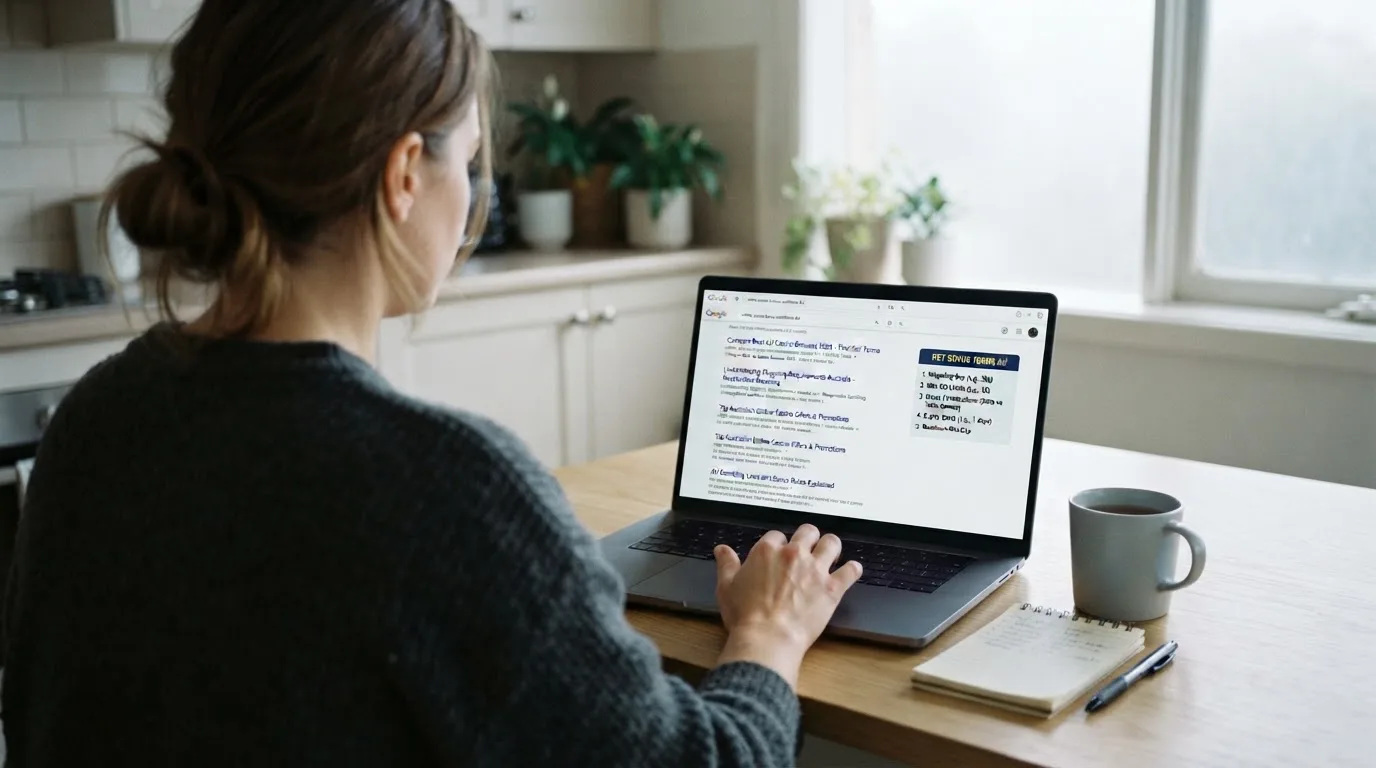 A person sits at a kitchen table, scrolling a laptop showing a general search results page about bonus terms.