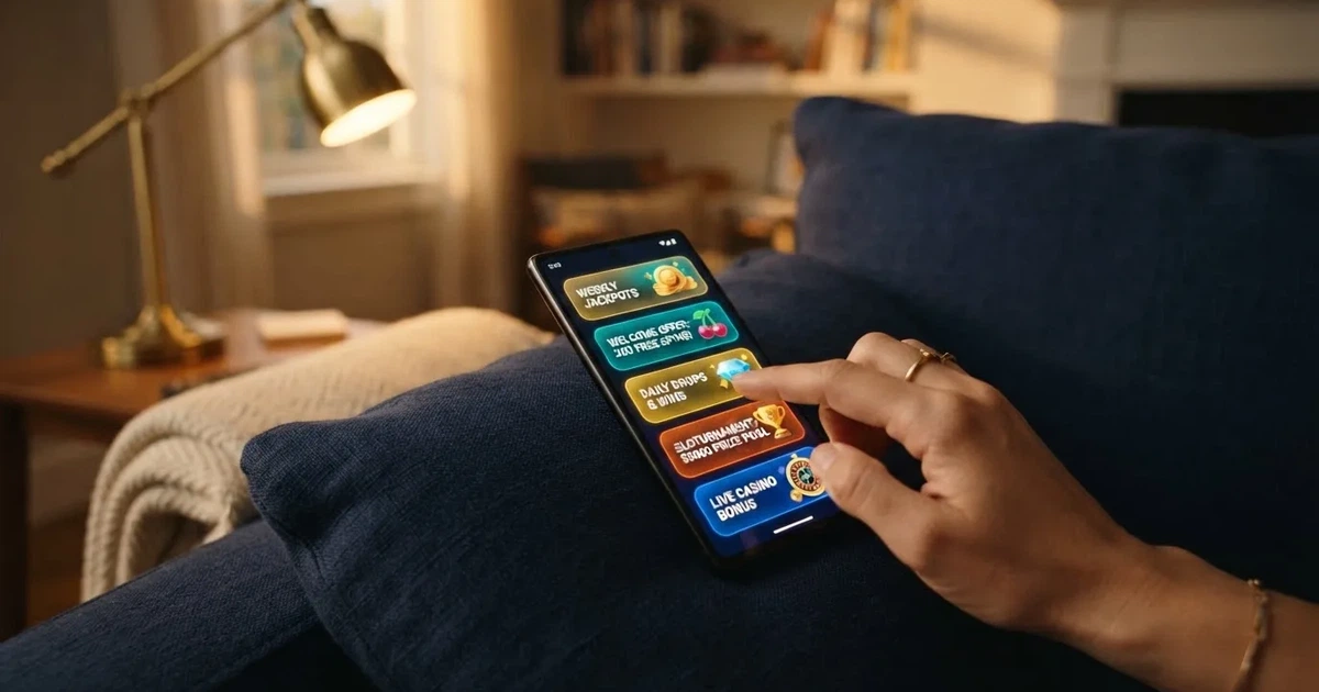 A phone screen shows a list of promotional bonus tiles as someone scrolls with one thumb on a couch.