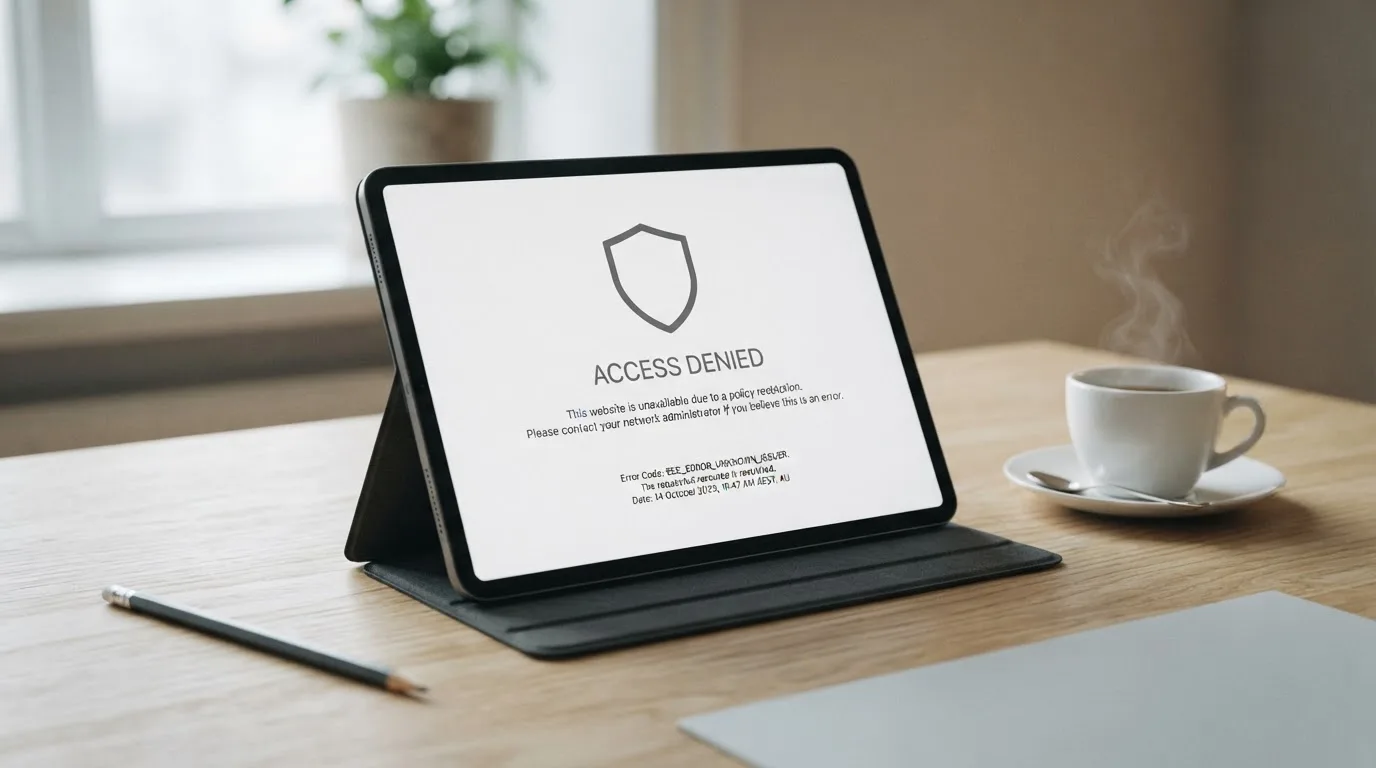 A tablet on a desk displays a plain government-style warning notice page, with a coffee cup beside it.