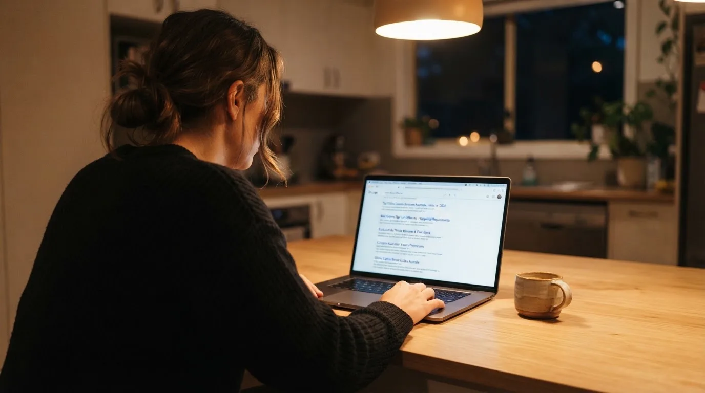 A person sits at a kitchen table in the evening, scrolling a laptop showing a general search results page about bonus offers.