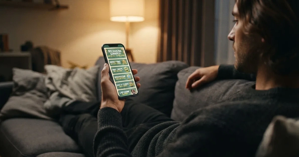 A phone screen shows a list of promotional bonus tiles as someone scrolls with one thumb on a couch.