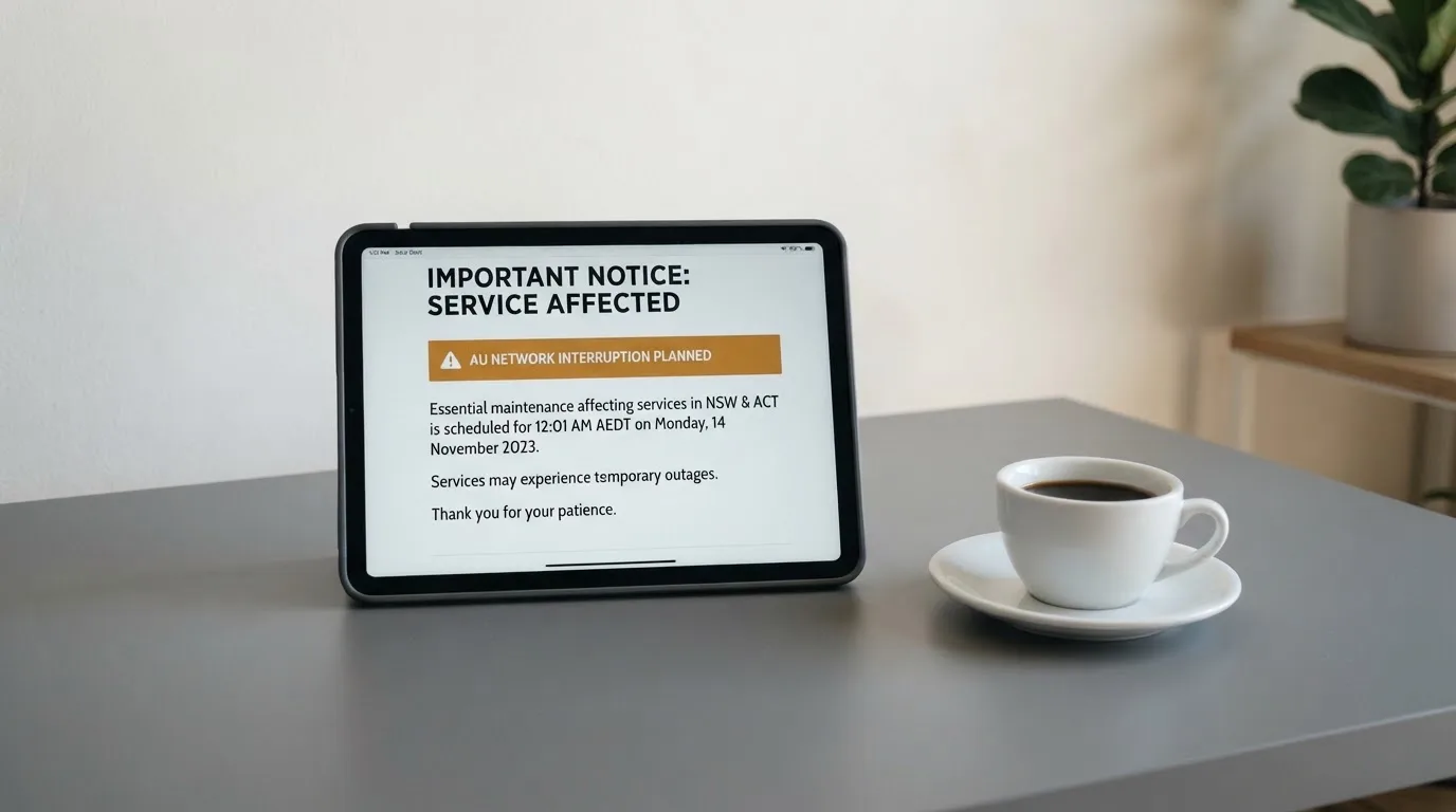 A tablet on a desk displays a plain government-style warning notice page, with a coffee cup beside it.