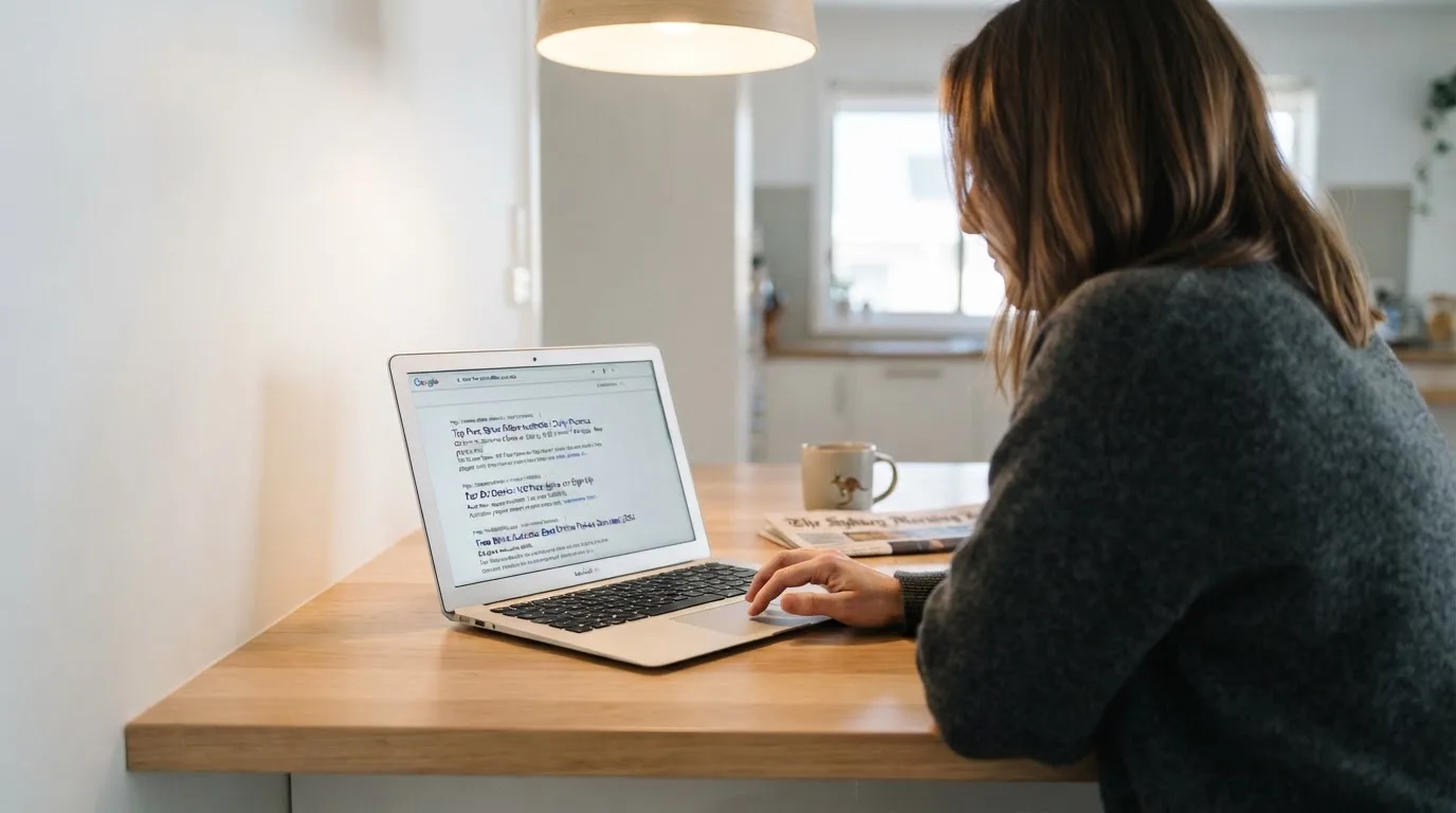 A person sits at a kitchen table, scrolling a laptop showing a general search results page about free spins offers.