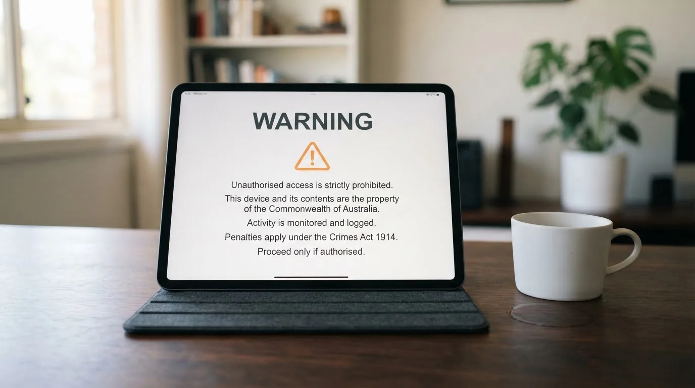 A tablet on a desk displays a plain government-style warning notice page, with a coffee cup beside it.
