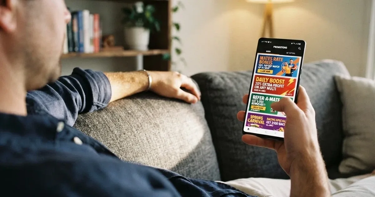 A phone screen shows a list of promotional bonus tiles as someone scrolls with one thumb on a couch.