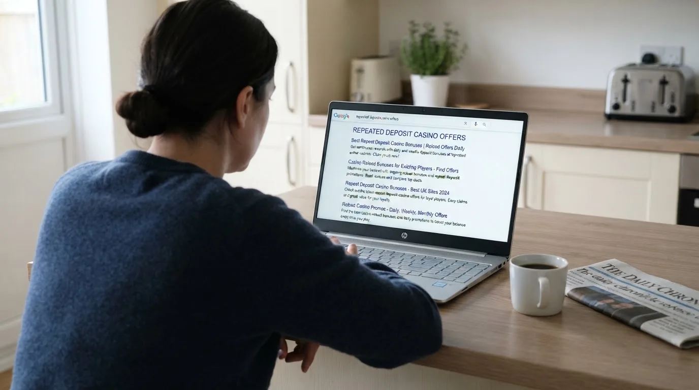 A person sits at a kitchen table, scrolling a laptop showing a general search results page about repeat-deposit offers.