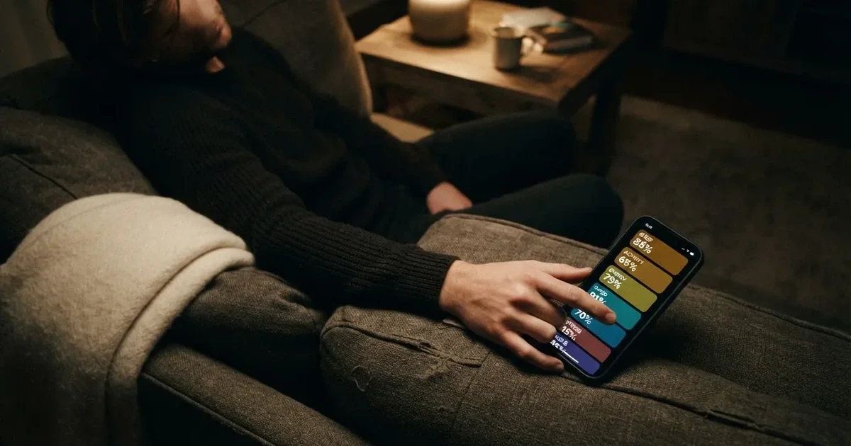 A phone screen shows a list of promotional bonus tiles as someone scrolls with one thumb on a couch.