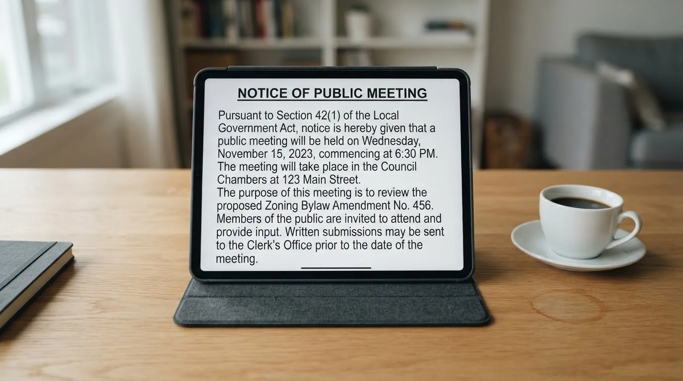 A tablet on a desk displays a plain government-style warning notice page, with a coffee cup beside it.