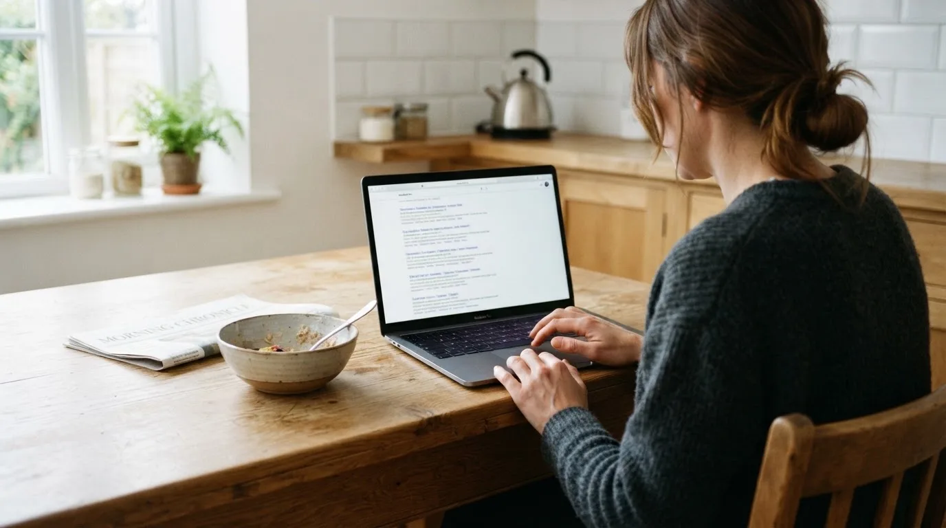 A person sits at a kitchen table, scrolling a laptop showing a general search results page about pokies offers.