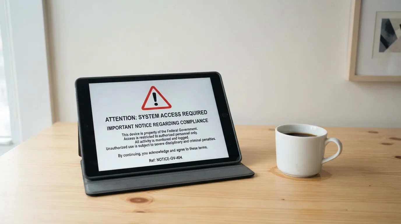 A tablet on a desk displays a plain government-style warning notice page, with a coffee cup beside it.