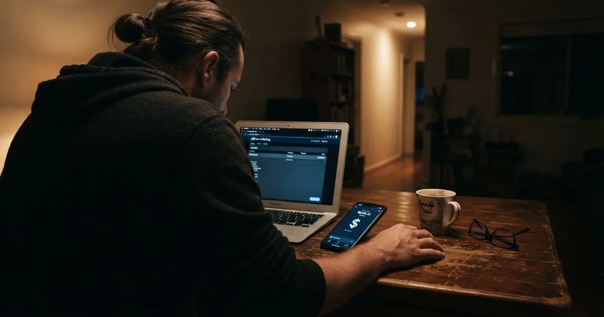 Close-up of a smartphone banking app open beside a laptop on a home desk, mid-transfer.