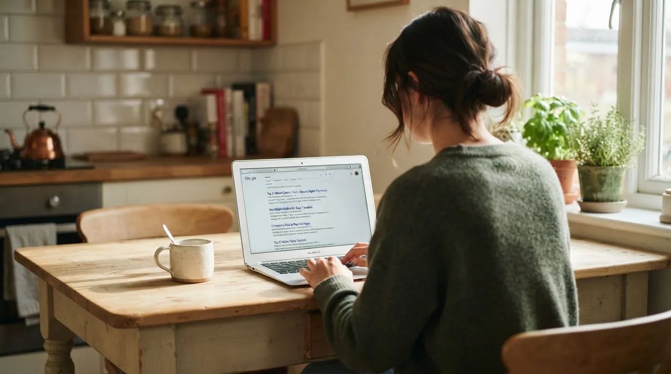 A person sits at a kitchen table, scrolling a laptop showing a general search results page about e-wallet options.