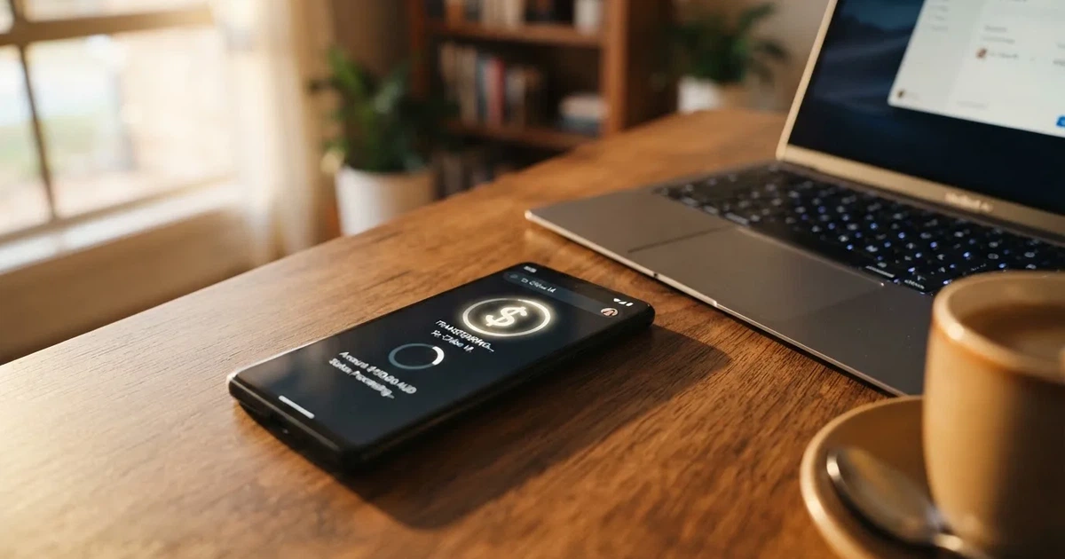 Close-up of a smartphone banking app open beside a laptop on a home desk, mid-transfer.