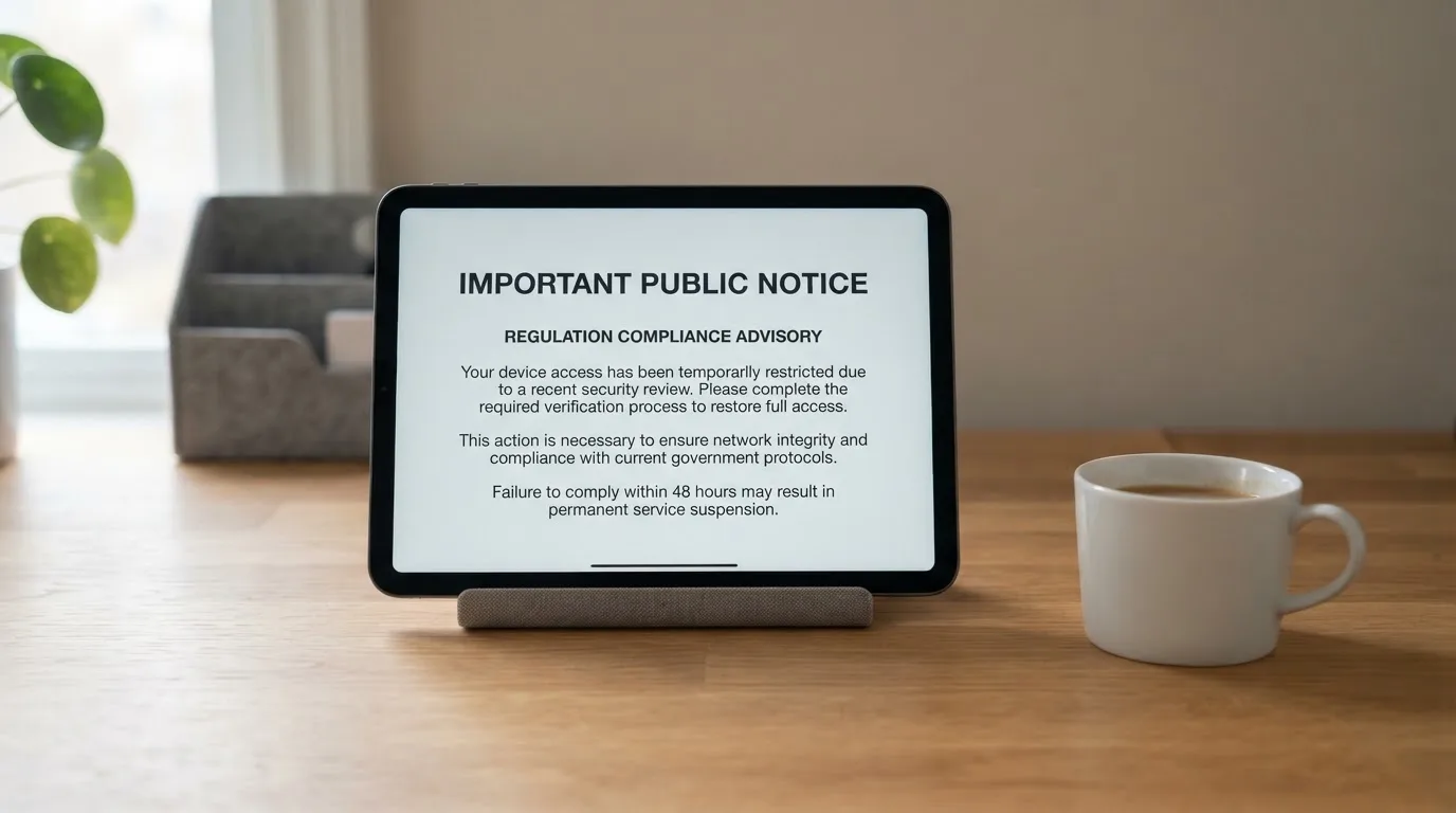 A tablet on a desk displays a plain government-style warning notice page, with a coffee cup beside it.