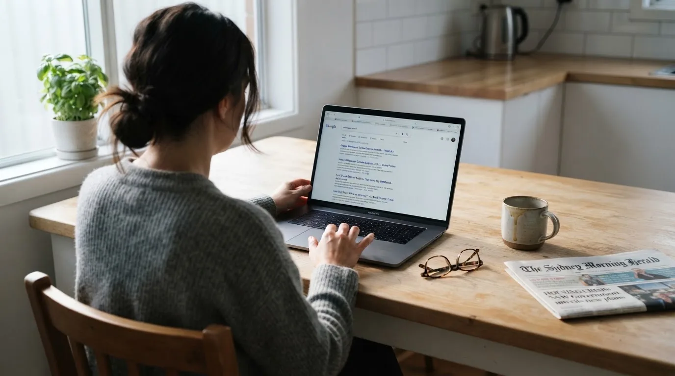 A person sits at a kitchen table, scrolling a laptop showing a general search results page about withdrawal speed.