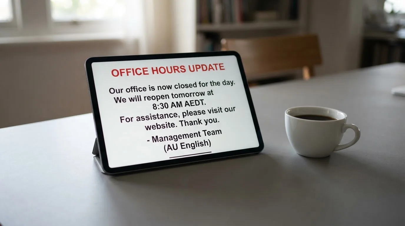 A tablet on a desk displays a plain government-style warning notice page, with a coffee cup beside it.