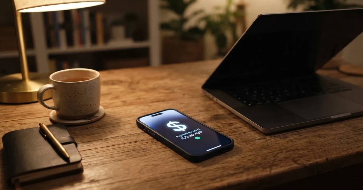 Close-up of a smartphone banking app open beside a laptop on a home desk, mid-transfer.