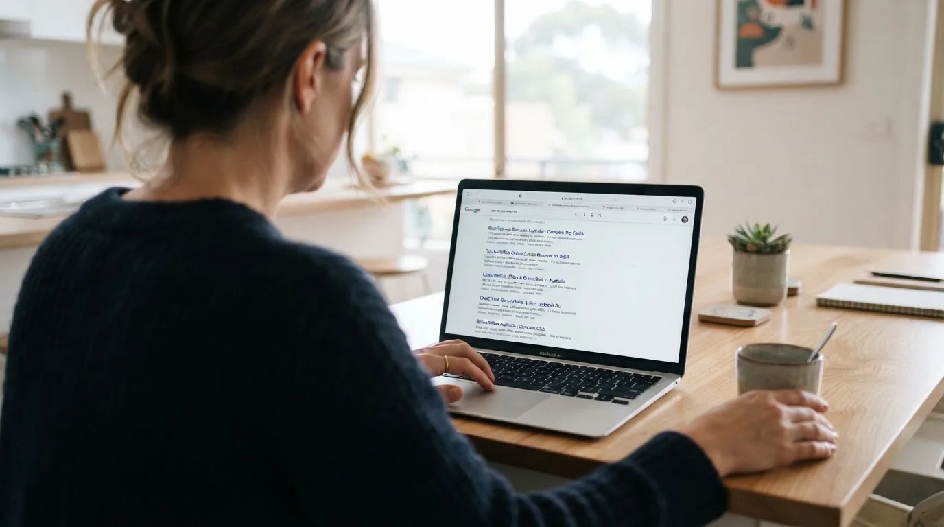 A person sits at a kitchen table, scrolling a laptop showing a general search results page about pokies bonus offers.