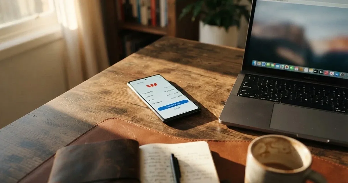 Close-up of a smartphone banking app open beside a laptop on a home desk, mid-transfer.