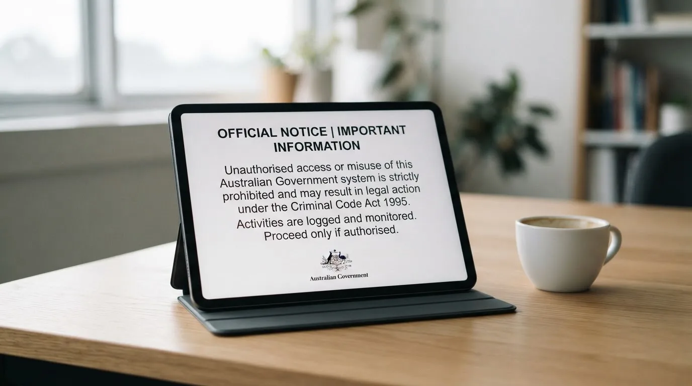 A tablet on a desk displays a plain government-style warning notice page, with a coffee cup beside it.