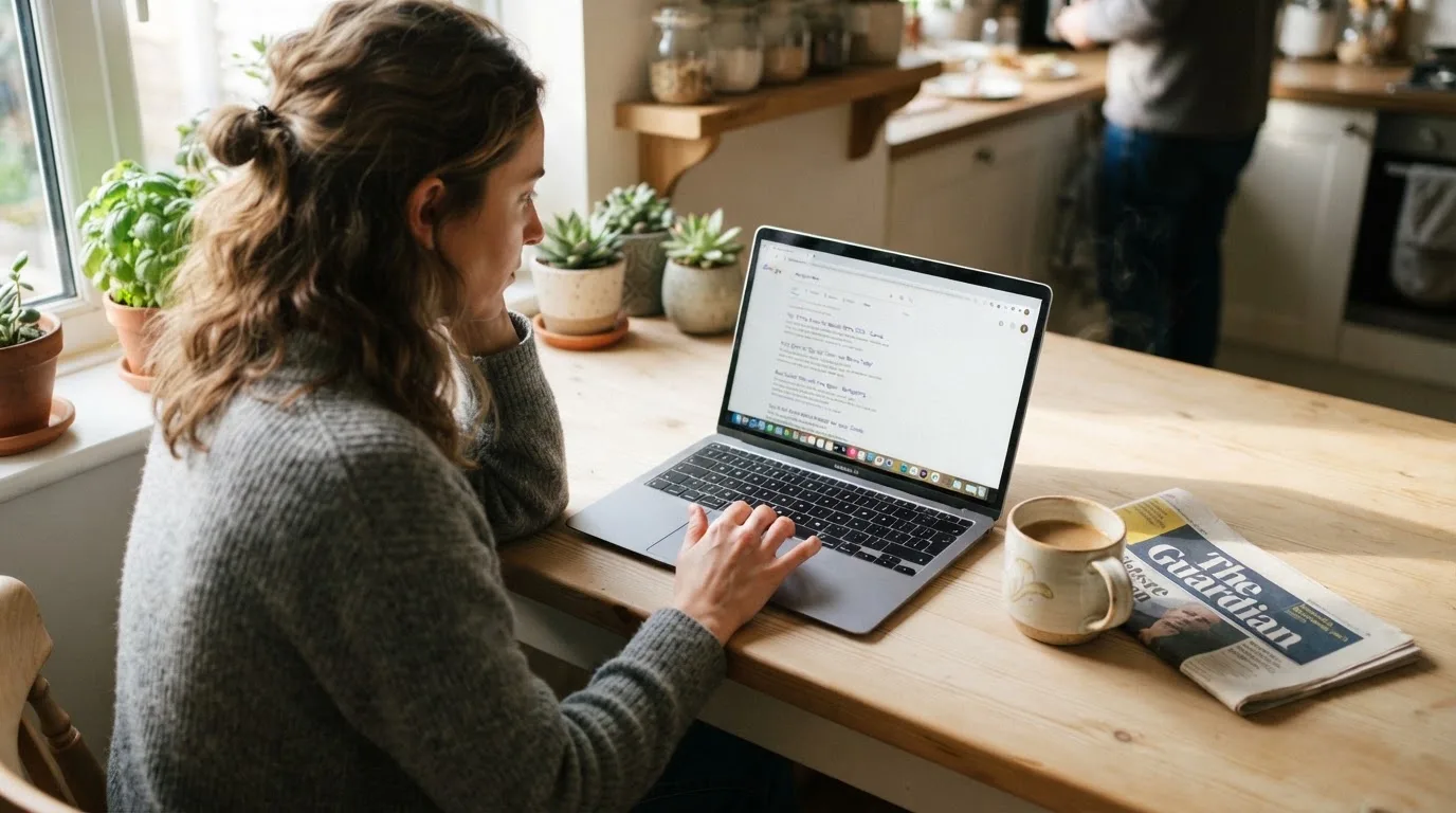 A person sits at a kitchen table, scrolling a laptop showing a general search results page about free spins offers.