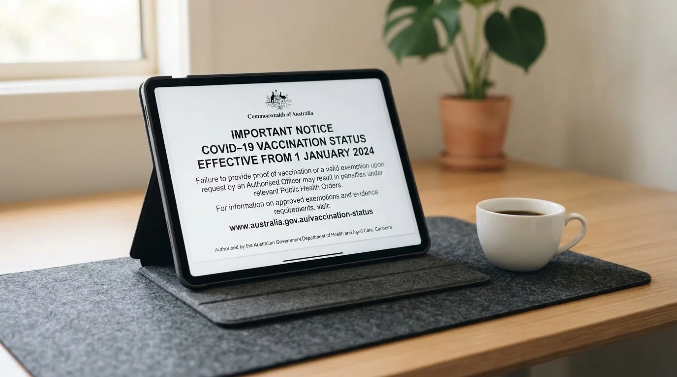 A tablet on a desk displays a plain government-style warning notice page, with a coffee cup beside it.