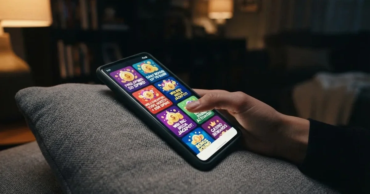 A phone screen shows a list of promotional bonus tiles as someone scrolls with one thumb on a couch.