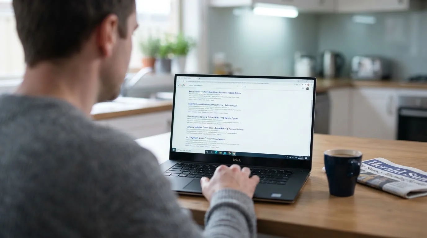 A person sits at a kitchen table, scrolling a laptop showing a general search results page about pokies deposit options.