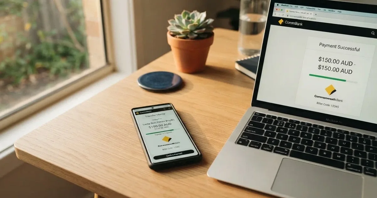 Close-up of a smartphone banking app open beside a laptop on a home desk, mid-transfer.