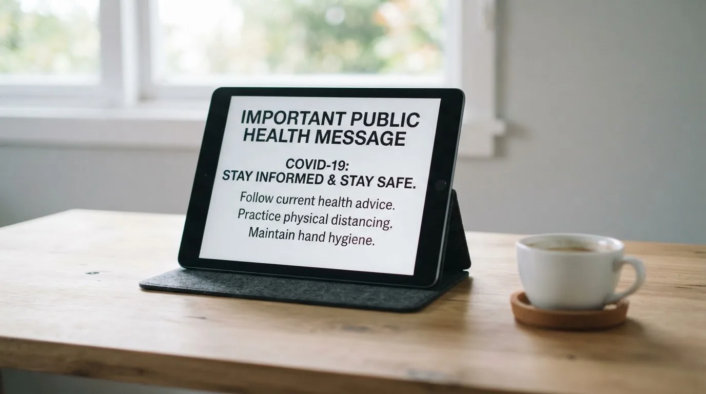 A tablet on a desk displays a plain government-style warning notice page, with a coffee cup beside it.
