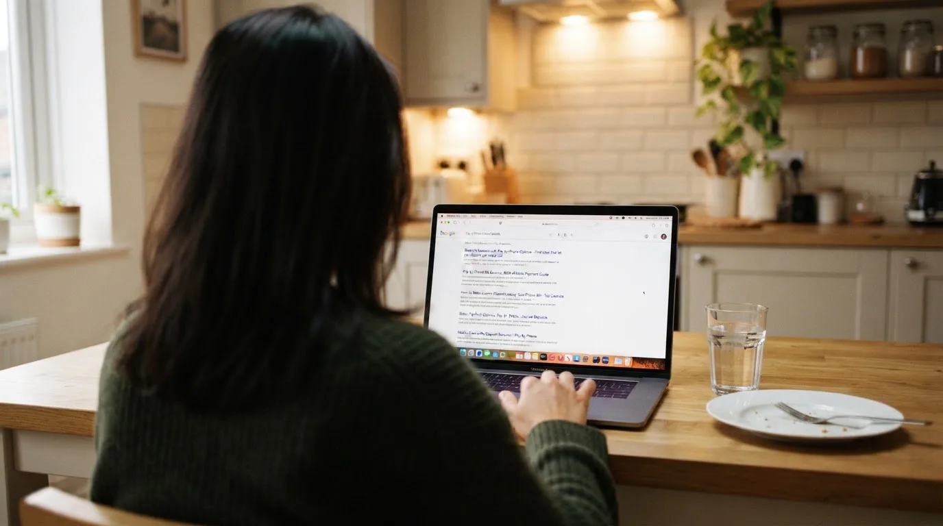 A person sits at a kitchen table, scrolling a laptop showing a general search results page about phone-bill deposits.