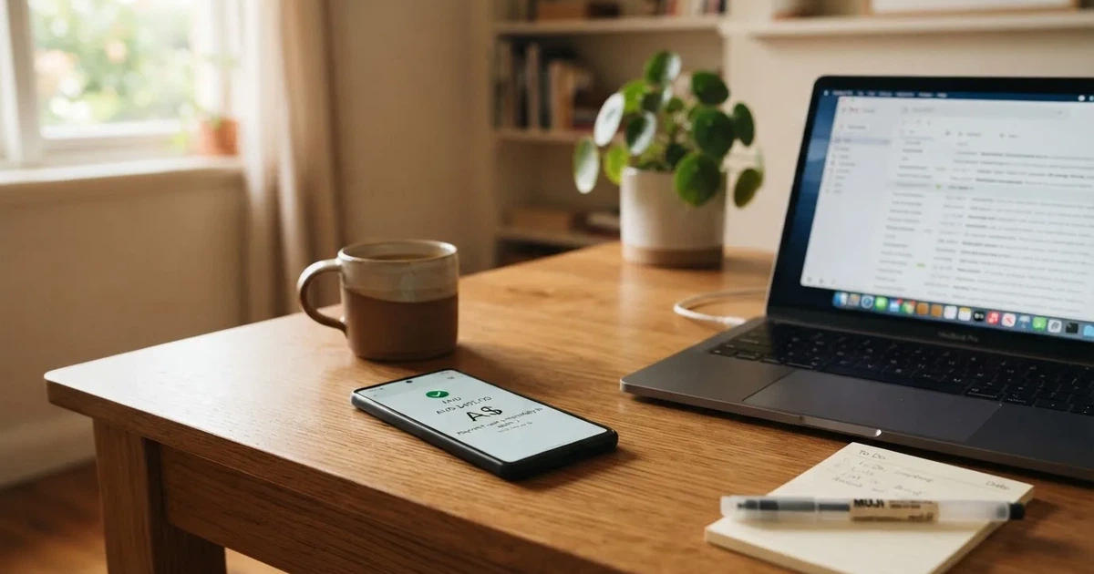 Close-up of a smartphone banking app open beside a laptop on a home desk, mid-transfer.