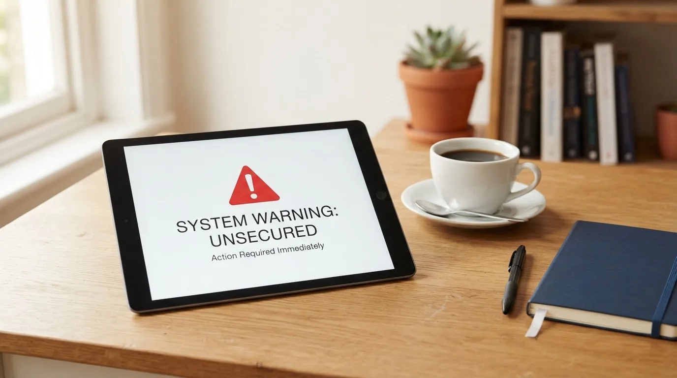 A tablet on a desk displays a plain government-style warning notice page, with a coffee cup beside it.
