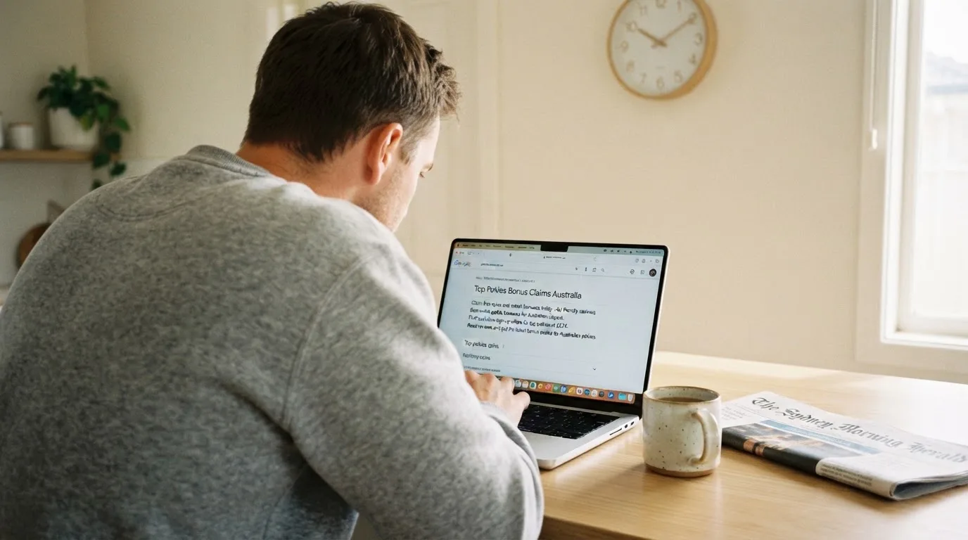 A person sits at a kitchen table, scrolling a laptop showing a general search results page about pokies bonus claims.