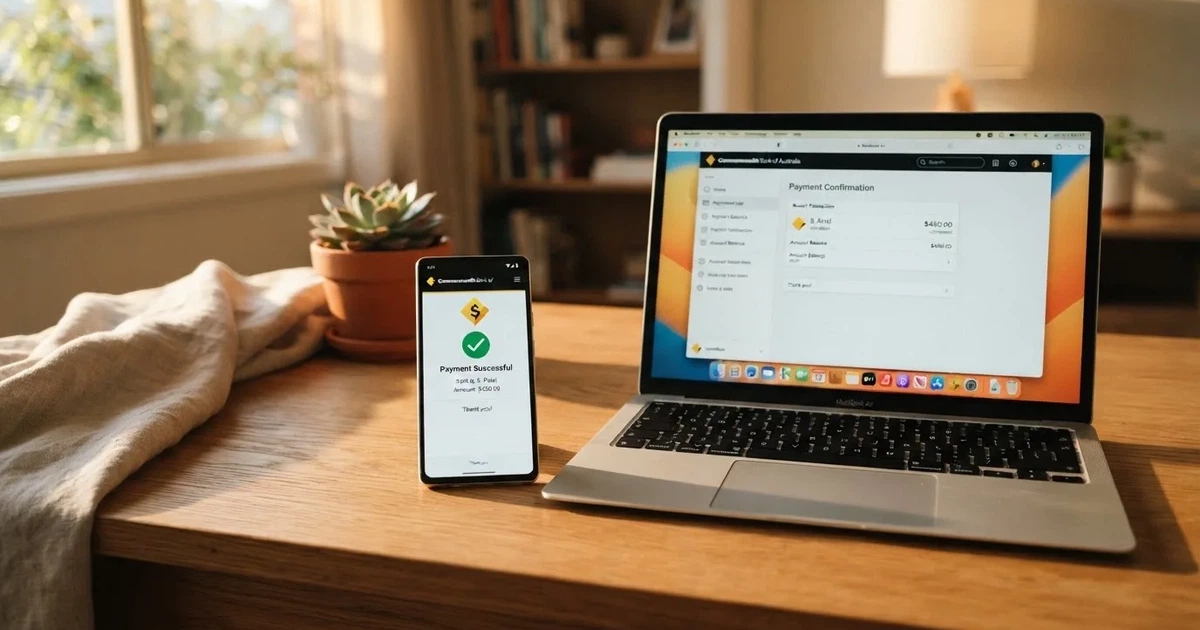 Close-up of a smartphone banking app open beside a laptop on a home desk, mid-transfer.