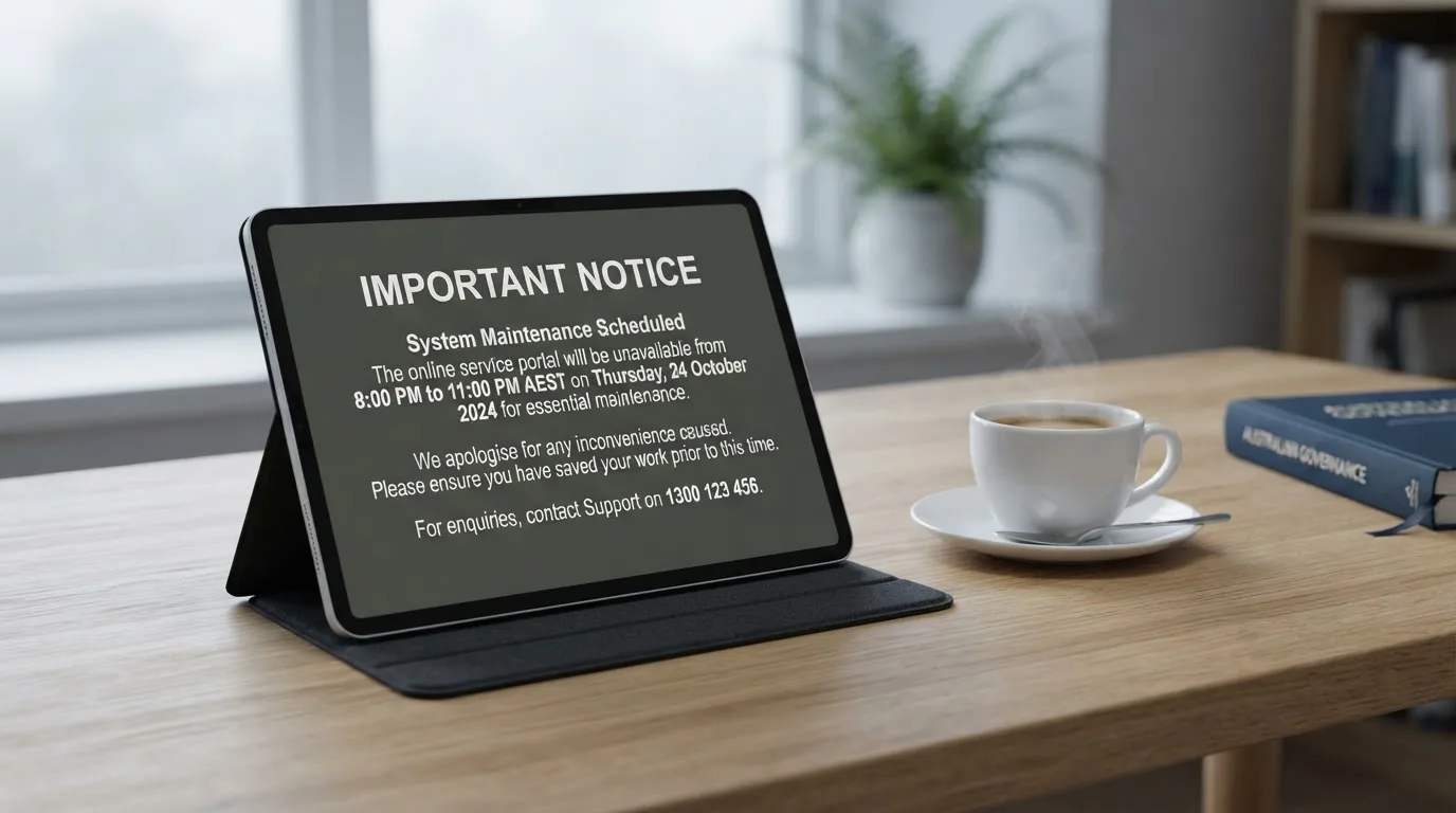 A tablet on a desk displays a plain government-style warning notice page, with a coffee cup beside it.