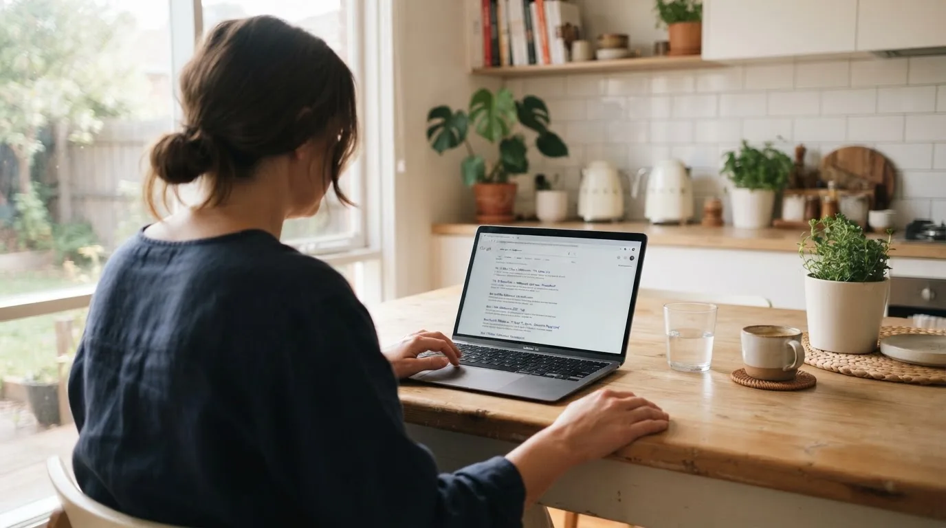 A person sits at a kitchen table, scrolling a laptop showing a general search results page about the Plinko game.
