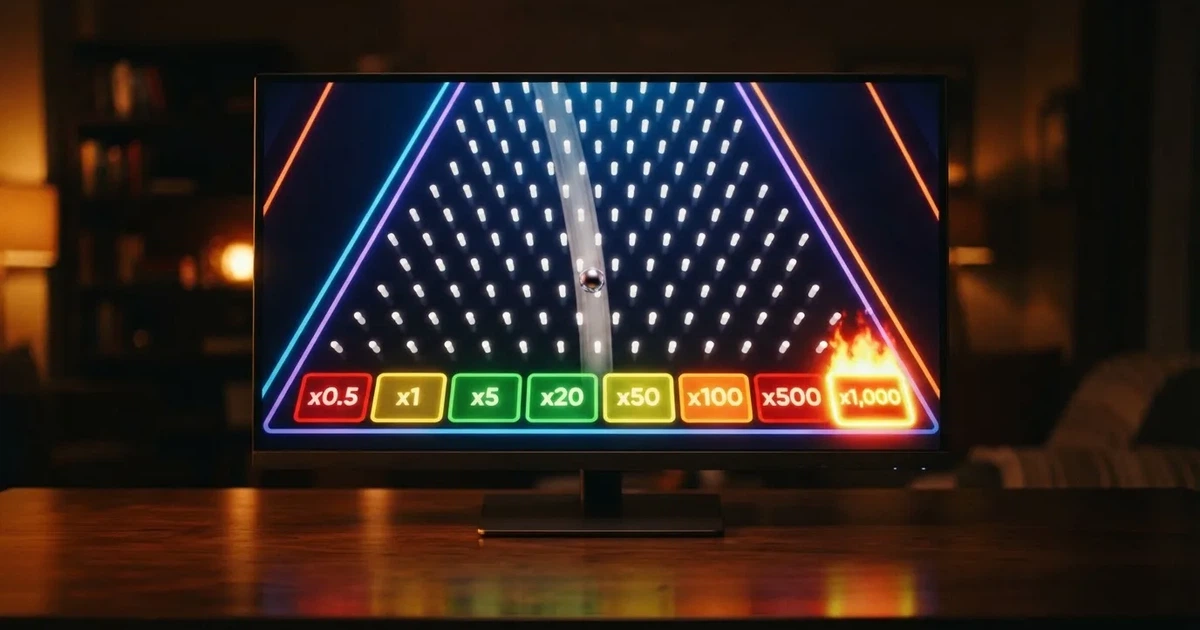 A close-up of a Plinko-style game board with pegs and multiplier slots shown on a monitor.