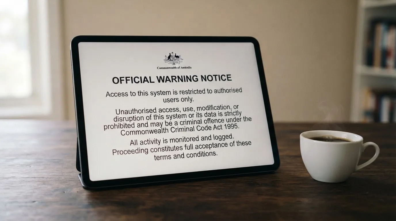 A tablet on a desk displays a plain government-style warning notice page, with a coffee cup beside it.